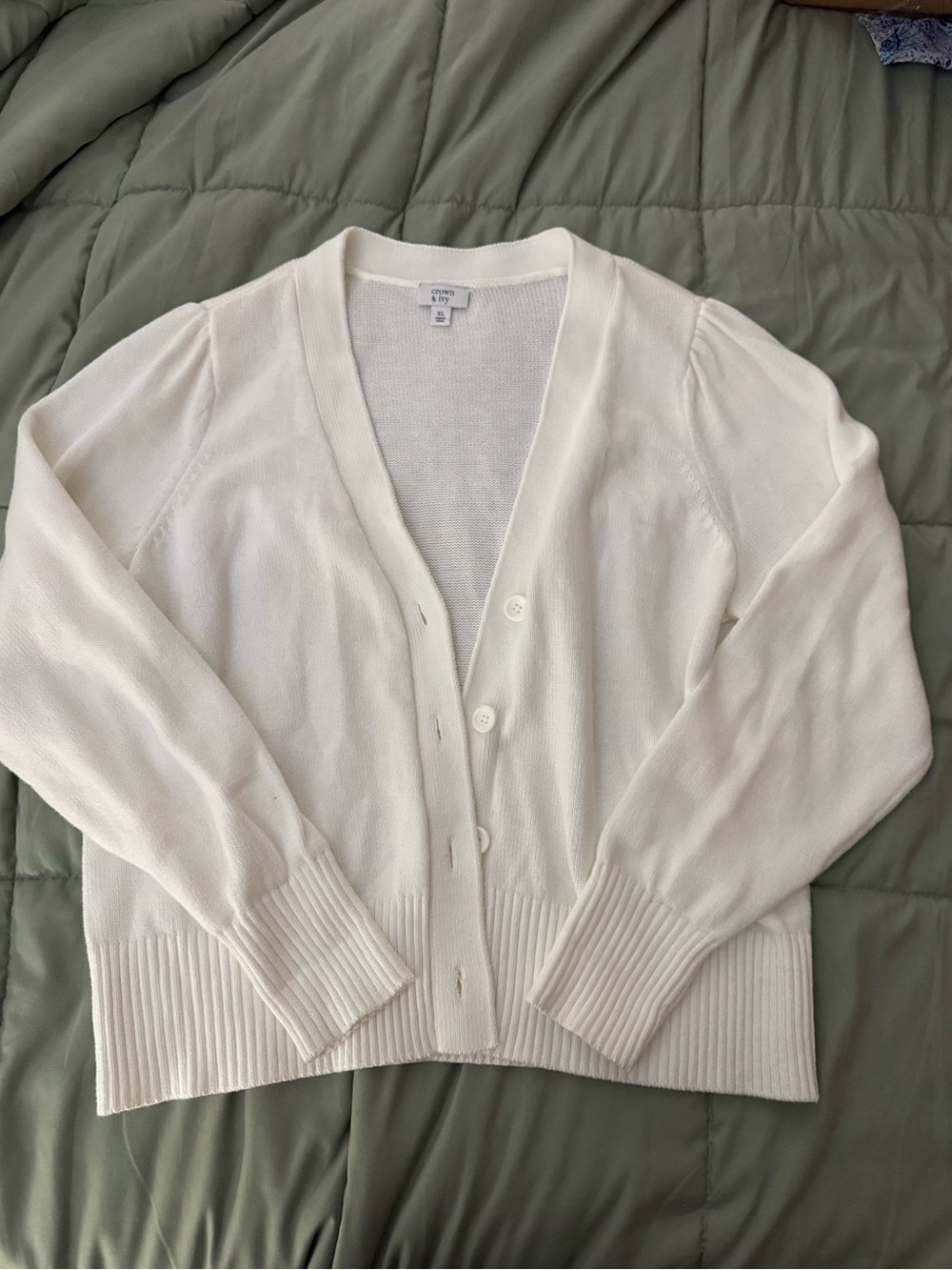 crown & ivy White V-Neck Button Cardigan Sweater